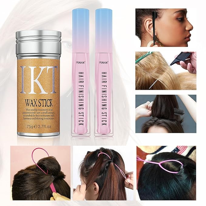 Hair Wax Stick Set for Flyaways, Slick Back Hair Finishing Tool Kit - Edge Brush Rat Tail Comb Set, Topsy Tail Tool - 10 Pcs