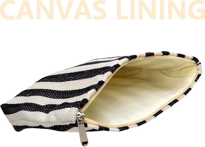 PAZIMIIK Makeup Bag Large Cotton Zipper Pouch for Purse Travel Canvas Make Up Organizer for Women Cosmetic,Stripe Black White