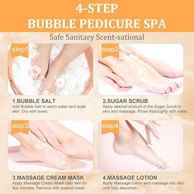 Pedicure Kit Foot Soak Set: Bubble Salt, Sugar Scrub, Massage Mask, Massage Lotion in a Box, 4 Step Foot Spa Kit for Dry Feet, Softens Calluses and Tired Feet（1 Set Orange)