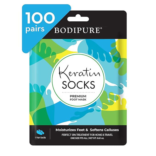 Bodipure Premium Foot Mask Keratin Socks | at Home Spa Moisturizer Socks for Dry Cracked Feet, Callus & Heel Softening | Easy-to-Use Pedicure Foot Repair | Chemical-Free Feet Treatment | 100 Pairs
