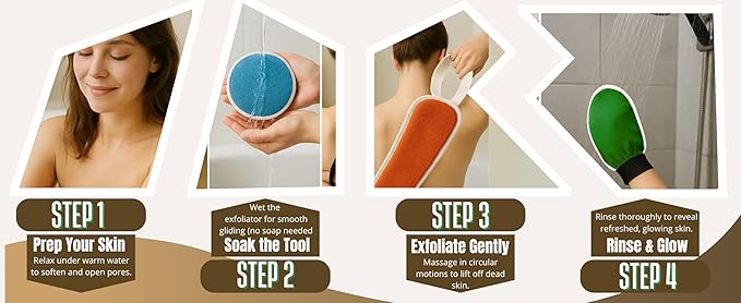 Exfoliating Glove Set (Original) – 3 Pieces Moroccan Hammam Scrub Mitts for Face, Body & Back – Deep Skin Cleansing & Dead Skin Removal – Reusable Spa Exfoliator – Assorted Colors (ORANGE)