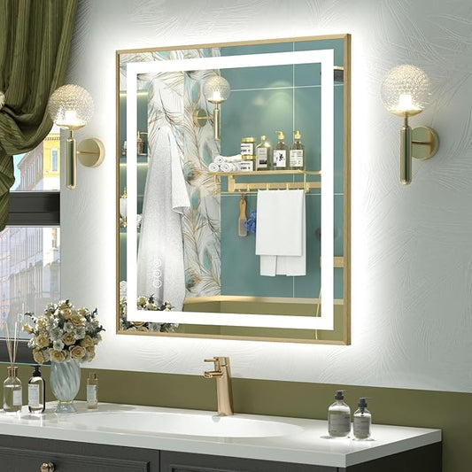 OKPAL 28x32 Gold LED Bathroom Mirror with Lights, Frontlit & Backlit Metal Framed Mirror, Lighted Bathroom Vanity Mirror, Anti-Fog, Dimmable 3 Colors, Shatterproof, Horizontal/Vertical