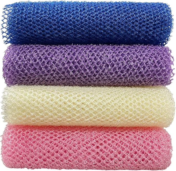 4 Pack Back Scrubber for Shower,Exfoliating Body Scrubber,Bath Sponge Net，Exfoliating Washcloth（Pink&Blue&Purple&Beige