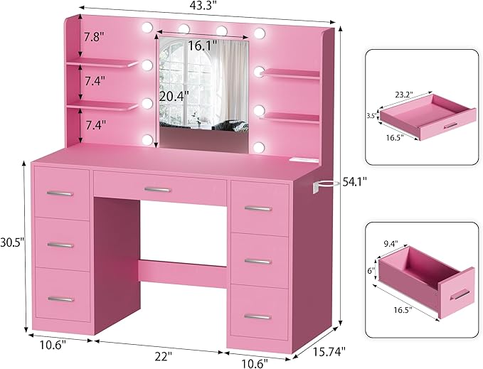 YESHOMY Vanity Desk with Mirror, Power Outlet and 10 Lights, Makeup Table with 7 Drawers, 3 Color Modes Available for Bedroom, Pink