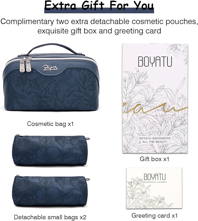 BOYATU Travel Makeup Bags Cosmetic Organizer Bag: 3-Set Large Capacity Make up Bag - PU Leather Toiletry Bags for Women - Wide Open Portable Pouch with Divider & Handle (02-Dark Blue)
