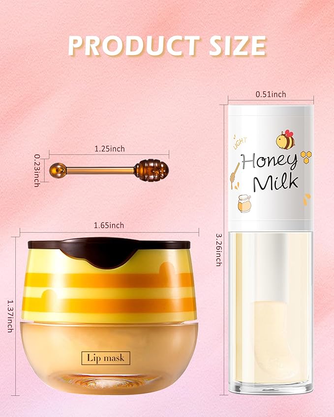 2Pcs Bee Lip Balm Honey Pot Lip Mask & Lip Glowy Oil Lip Care Set, Propolis Moisturize & Nourish Lip Gloss Repair Treatment, Reduce Lip Line & Protect & Plump Dry Cracked Lip Scrub Exfoliator -Set A