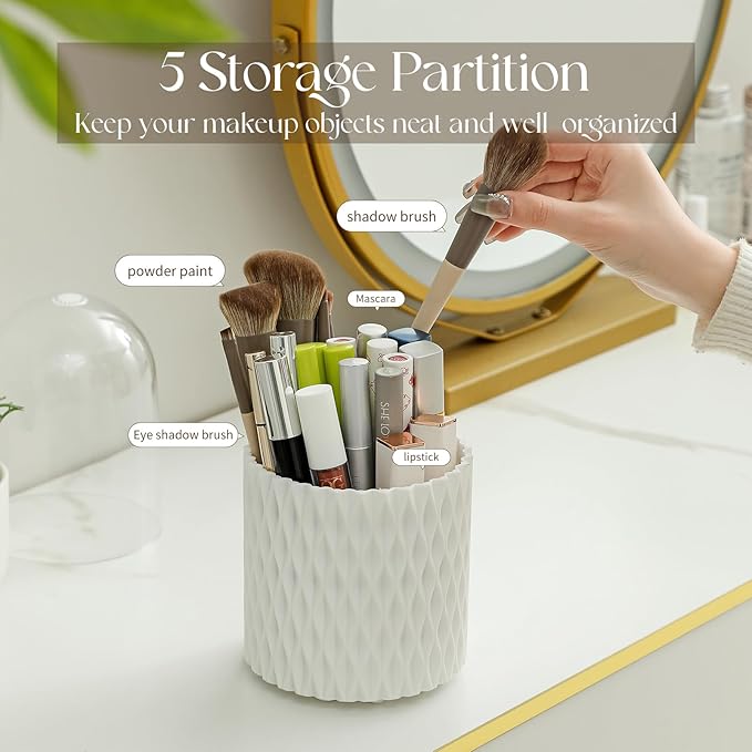 Makeup Brush Holder Organizer - 360° Rotating Makeup Brush Organizer 5 Slot Make up Brushes Cup for Cosmetics, Lipsticks, Art Supply, Bathroom Vanity Desktop Storage (White with Cover)