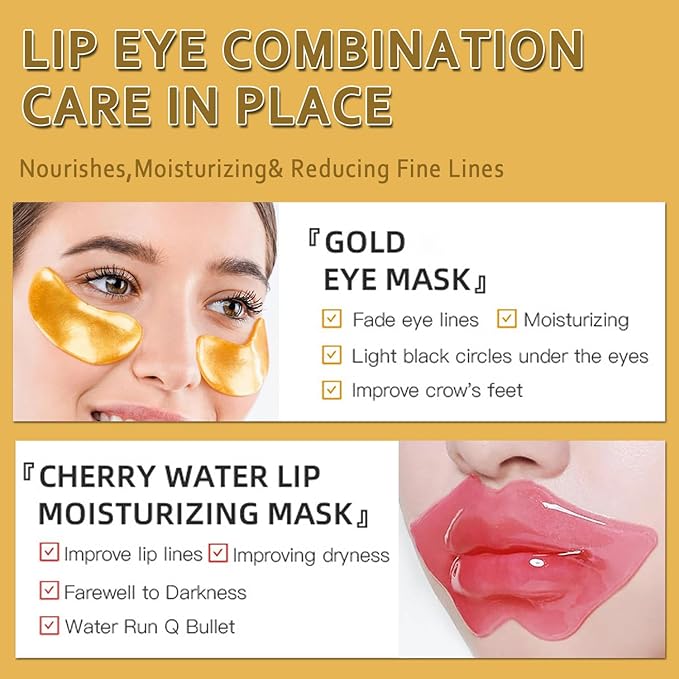 30 Pairs Lip Masks & Eye Mask, 24K Gold Gel Crystal Collagen Eye Patches for Puffy Eyes and Dark Circles Eyes, Effectively Nourishes the Lip & Eye Skin, Reducing Wrinkles and Fine Lines