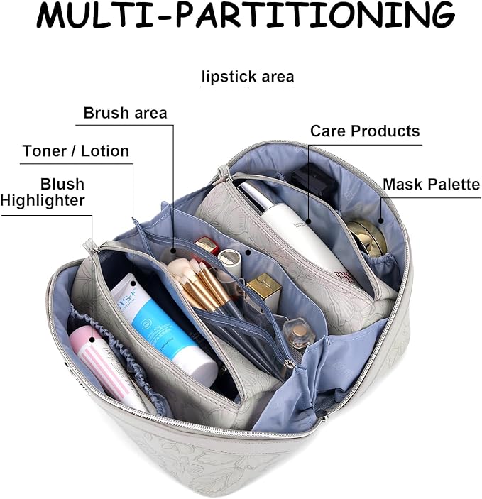 BOYATU Travel Makeup Bags Cosmetic Organizer Bag: 3-Set Large Capacity Make up Bag - PU Leather Toiletry Bags for Women - Wide Open Portable Pouch with Divider & Handle (03-Light Gray)