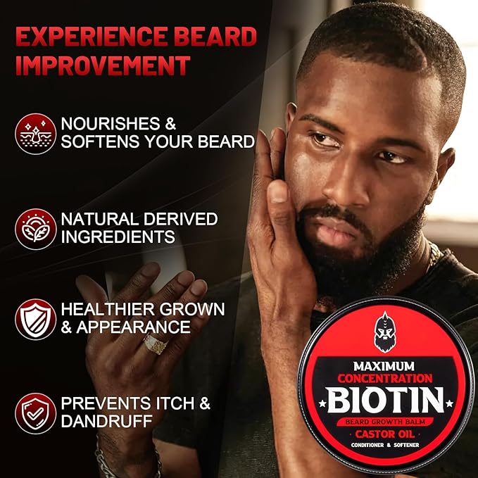 Beard Balm, Maximum Concentration Biotin, with Castor Oil and Argan & Jojoba Oils, Promotes Beard Growth, Styles, Strengthens & Softens Beards & Mustaches, 2 Ounce,Unscented