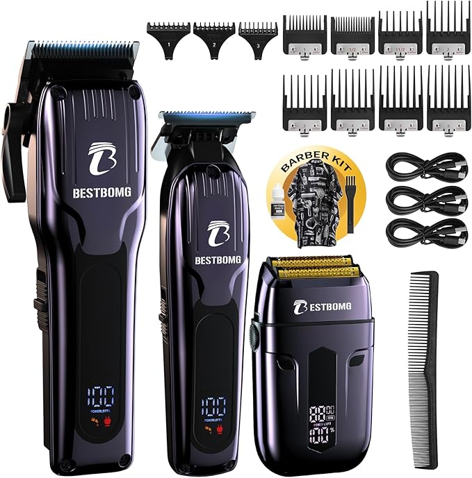 BESTBOMG® Hair Clippers for Men, Professional Hair Clippers, Beard Trimmer& Rechargeable Shaver Set, Metal T-Blade, LED Display, Barber Hair Cutting Kit for Men Grooming & Gifts, BS-808C (Blue)