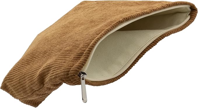 PAZIMIIK Makeup Bag Large Zipper Corduroy Make Up Pouch for Purse Travel Canvas Cosmetic Organizer for Women Brush Storage,Brown