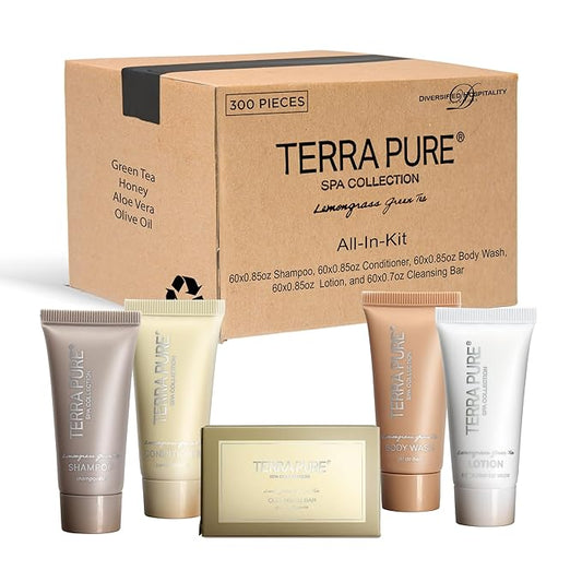 Terra Pure Spa Collection Bulk Set Toiletries | 1-Shoppe All-In-Kit Amenities for Hotels & Airbnb | 0.85 oz Hotel Shampoo & Conditioner, Body Wash, Lotion & Cleansing Bar Travel Size Tubes| 300 Pieces