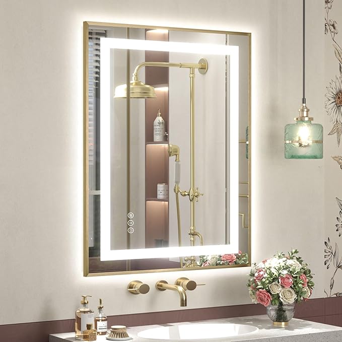 OKPAL 24x36 Gold LED Bathroom Mirror with Lights, Frontlit & Backlit Metal Framed Mirror, Lighted Bathroom Vanity Mirror, Anti-Fog, Dimmable 3 Colors, Shatterproof, Horizontal/Vertical