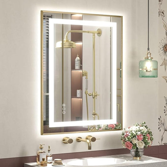 OKPAL 24x36 Gold LED Bathroom Mirror with Lights, Frontlit & Backlit Metal Framed Mirror, Lighted Bathroom Vanity Mirror, Anti-Fog, Dimmable 3 Colors, Shatterproof, Horizontal/Vertical