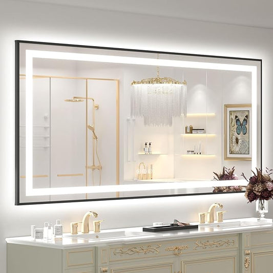 OKPAL 68x36 Black LED Bathroom Mirror with Lights, Frontlit & Backlit LED Mirror for Bathroom, Lighted Bathroom Vanity Mirror, Anti-Fog, Dimmable 3 Colors, Shatterproof, Horizontal/Vertical