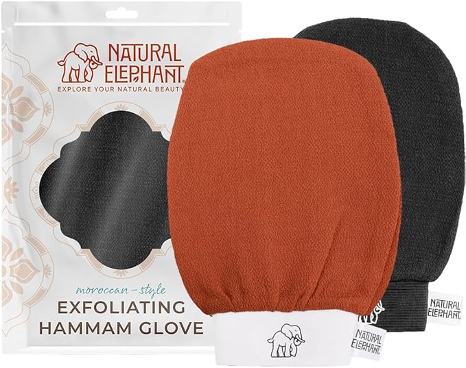 Natural Elephant Exfoliating Hammam Glove | Authentic Moroccan Kessa Body Scrub Mitt for Spa-Quality Skin Renewal | Pure Black and Burnt Orange Pack of 2