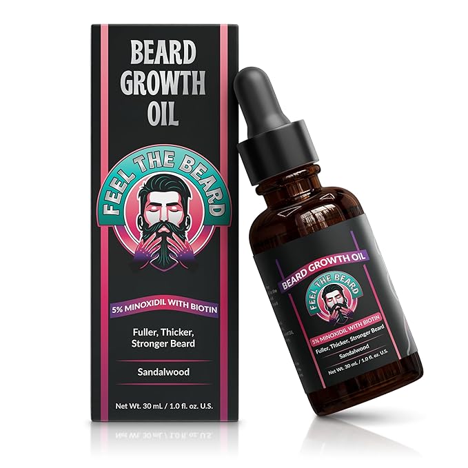Beard Growth Oil For Men - 5% Minixodil Biotion Pumpkin Seed & Argan Oil DHT Blocker - 30 ml 1.0 fl oz - Sandal Wood Scent - Strengthen Softner Moisturizer Full Beard