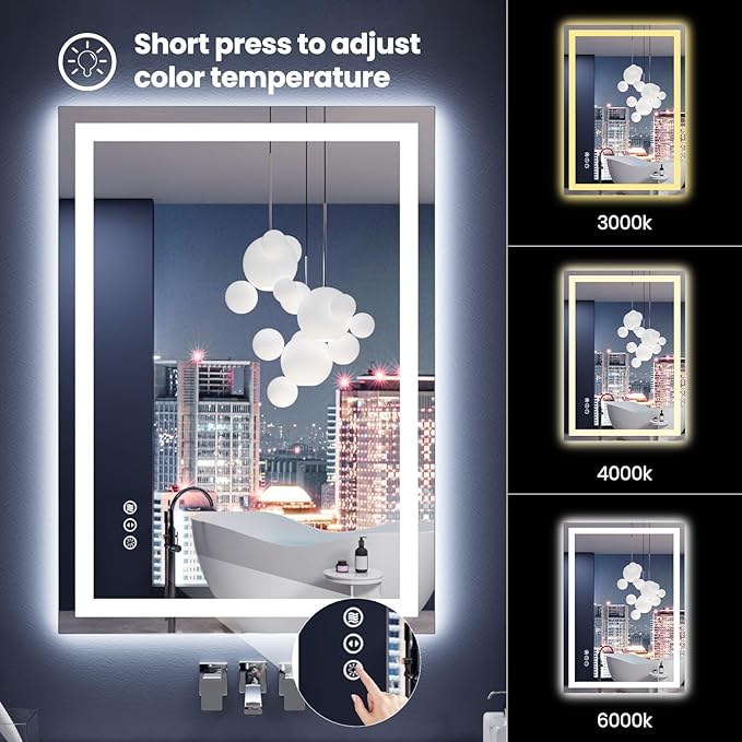 Amorho LED Mirror for Bathroom 28X20 Inch with Backlight and Front Lit, Fogless Mirror for Wall Mounted, Dimmable, 3 Colors, Memory