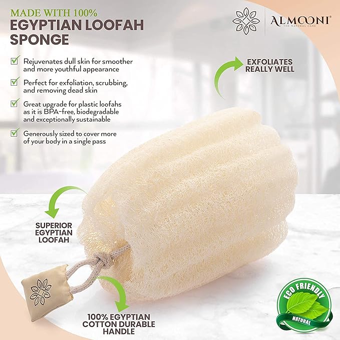 Almooni Egyptian Loofah Exfoliating Body Scrubber, Natural Real Egyptian Shower Loofah Sponge Body Scrubber for Women and Men, for Body and Face That Will Get You Clean - 2 Count (1 Pack)