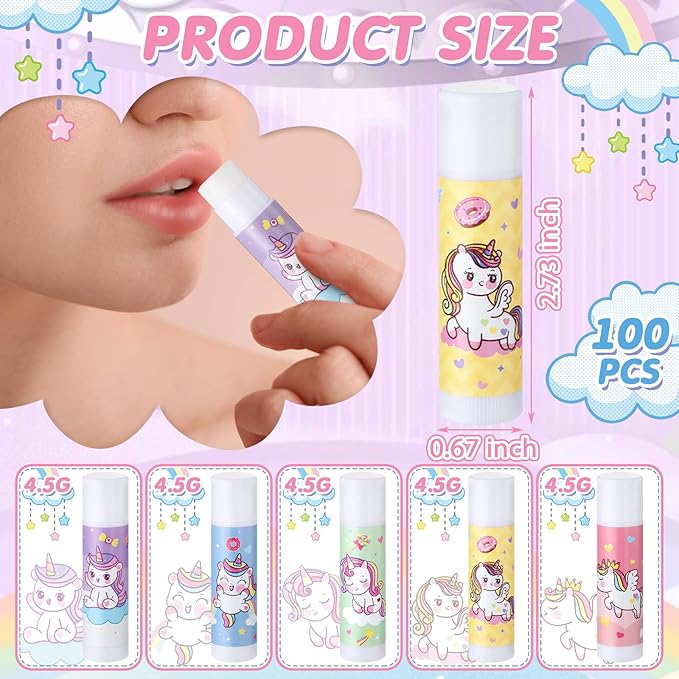 100 Pcs Unicorn Party Favors Lip Balms Bulk for Kids Birthday Party Moisturizing Lip Balm for Unicorn Themed Celebration Gifts Lip Care Products for Classroom Rewards Favor Party Supplies