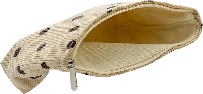 PAZIMIIK Makeup Bag Large Zipper Corduroy Make Up Pouch for Purse Travel Canvas Cosmetic Organizer for Women Brush Storage,Polka Dot Beige