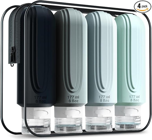 Travel Bottles for Toiletries, Large 6oz Oversize Containers, BPA Free Leak Proof Tubs Refillable Liquid Traveler Accessories with Toiletry Bag for Cometic Shampoo and Lotion Soap (4 Pack)