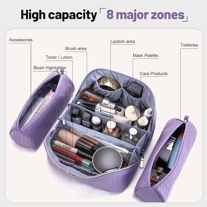 BOYATU Travel Makeup Bag Cosmetic Bags for Women: Large Capacity 3 Pcs Set Make up Bag with Compartments - Waterproof Vegan Leather Toiletry Organizer Bags with Handle - Travel Essentials(L01 Purple)