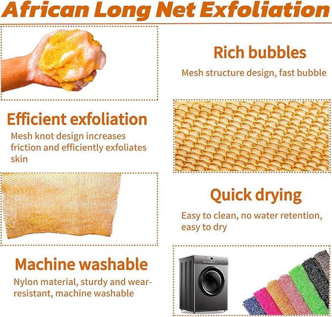 African Net Sponge Authentic, African Exfoliating Sponge Real African Net Black Owned, African Bath Sponge Back Scrubber, Body Exfoliator Shower Bath Accessories (Orange Color)