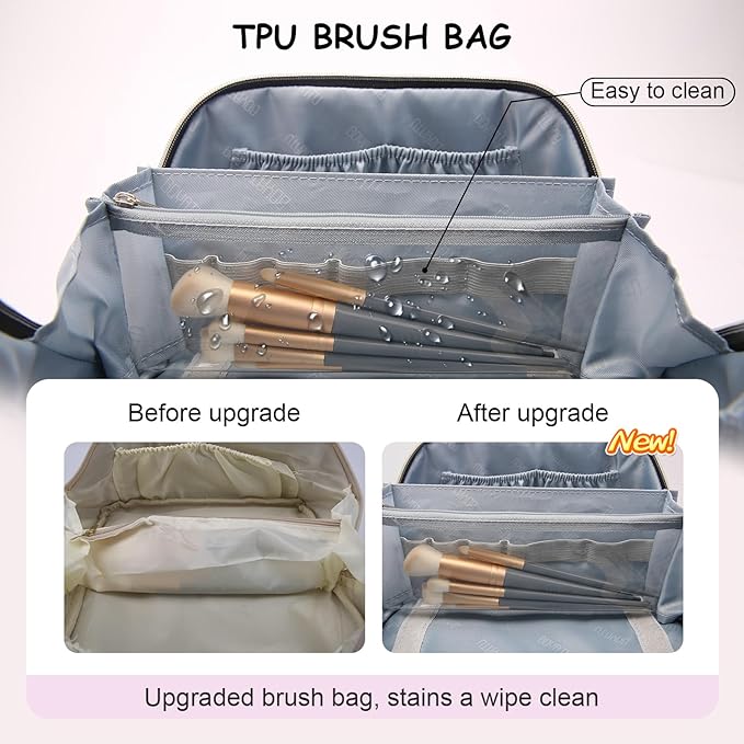 BOYATU Travel Makeup Bags for Women: Vegan Leather Cosmetic Bag Set of 3 - Large Capacity Make up Bag with Divider - Wide Open Waterproof Toiletry Organizer Bag with Handle (05-Off-White)