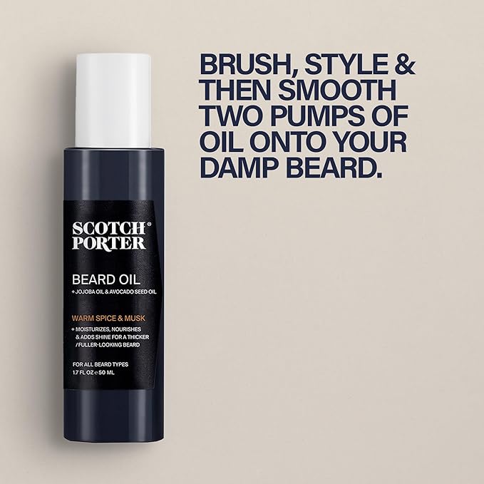 Scotch Porter Smoothing Beard Oil – Nourishing Oil Seals in Moisture & Smooths Flyaways for a Frizz-Free, Fuller/Healthier-Looking Beard with All-Day Shine – Original Scent, 1.7 oz. Bottle