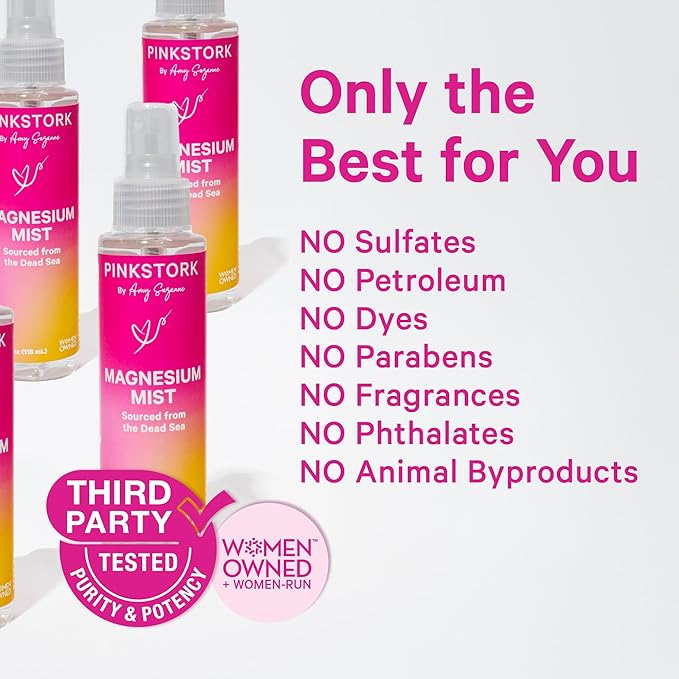 Pink Stork Magnesium Spray Mist - for Calm, Stress, and Sleep, Seasickness Support, Pregnancy Must Haves, 200 mg per 6 Sprays, Pure Magnesium Chloride Body Spray, 4 oz, Unscented