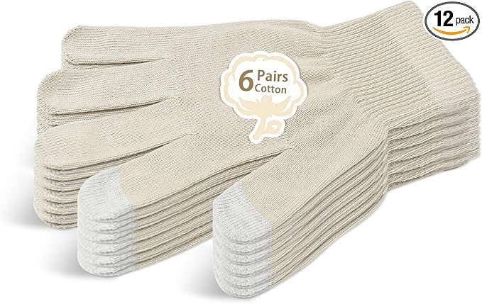Evridwear Unisex Moisturizing Cotton Gloves with Touchscreen Fingertips for Eczema Beauty Cosmetic Dry Hands Sensitive Irritated Skin Therapy Overnight Bedtime, 6 Pairs, Lightweight-Beige, XS