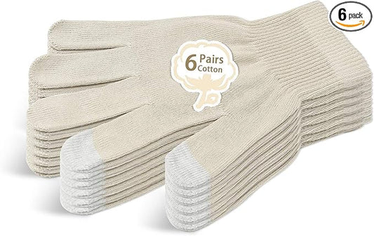 Evridwear Unisex Moisturizing Cotton Gloves with Touchscreen Fingertips for Eczema Beauty Cosmetic Dry Hands Sensitive Irritated Skin Therapy Overnight Bedtime, 6 Pairs, Lightweight-Beige, L/XL