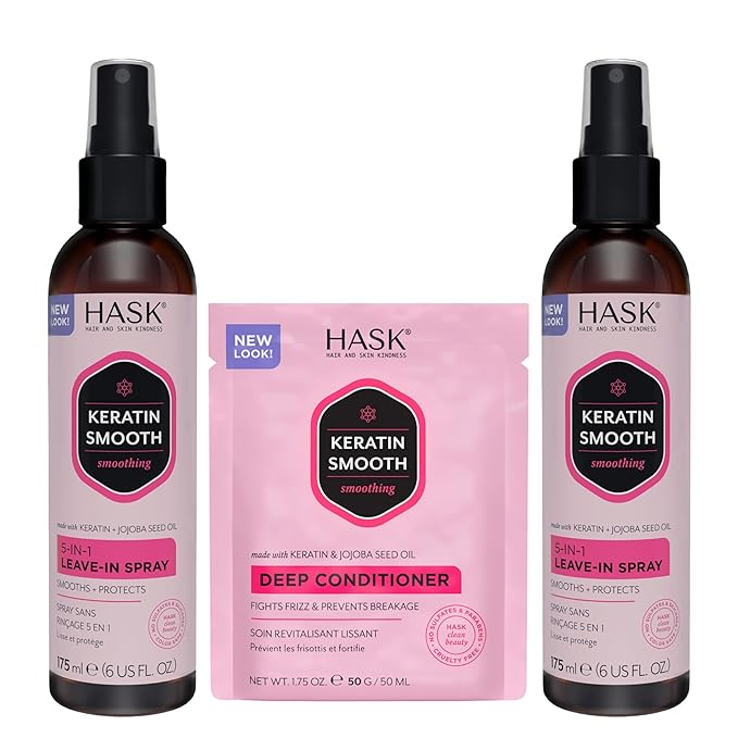 HASK Keratin 5-in-1 Leave-In Conditioner Duo (6oz-Qty 2) & Keratin Deep Conditioner Packette, Color Safe, Sulfate-Free, Paraben-Free, Gluten-Free, for All Hair Types