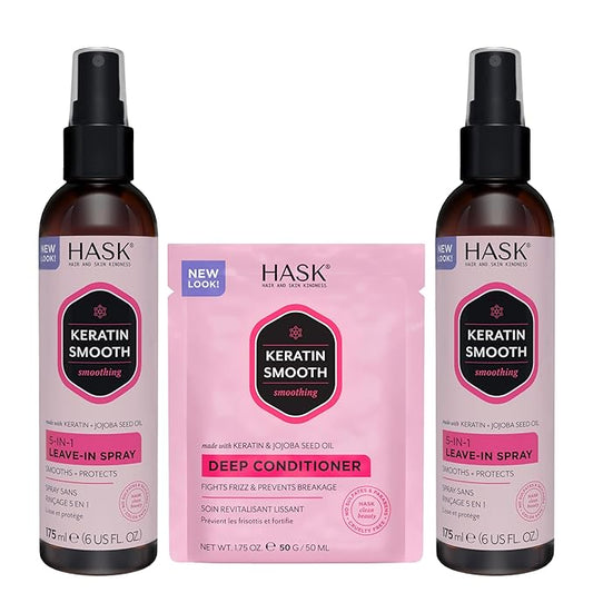 HASK Keratin 5-in-1 Leave-In Conditioner Duo (6oz-Qty 2) & Keratin Deep Conditioner Packette, Color Safe, Sulfate-Free, Paraben-Free, Gluten-Free, for All Hair Types