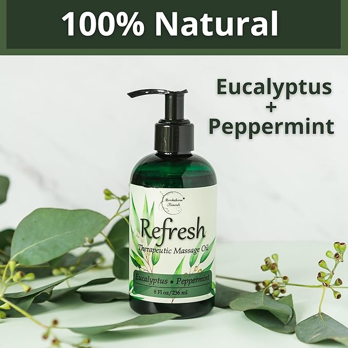 Refresh Massage Oil for Massage Therapy with Eucalyptus & Peppermint Essential Oils - All Natural Sore Muscle Relief. Ideal for Full Body Relaxation – Nut Free Formula 8oz