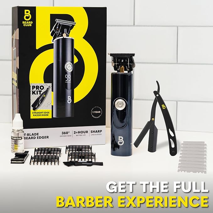 The Beard Club Professional T-Blade Beard Trimmer for Men with Straight Razor - Barber Electric Shaver & Hair Clippers for Men – Zero Gapped Cordless Hair Trimmer & Edger, Line Up Grooming Kit