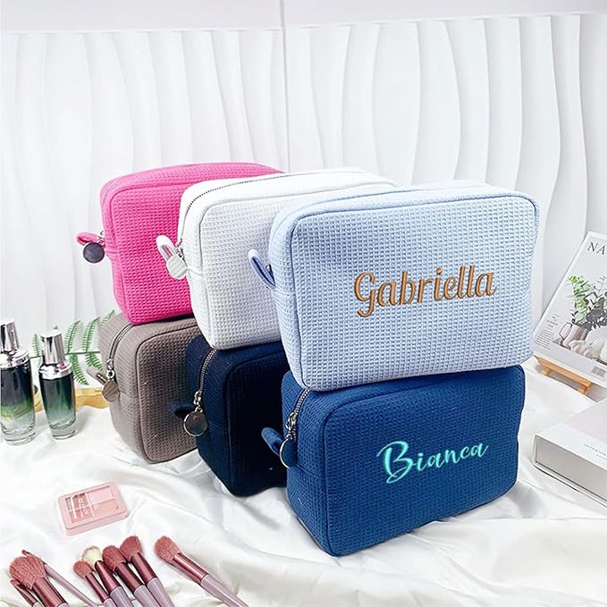 GOPHIE Personalized Embroidered Makeup Bag,Custom Waffle Fabric Cosmetic Pouch for Women, Travel Makeup Pouch (6, Hot Pink)