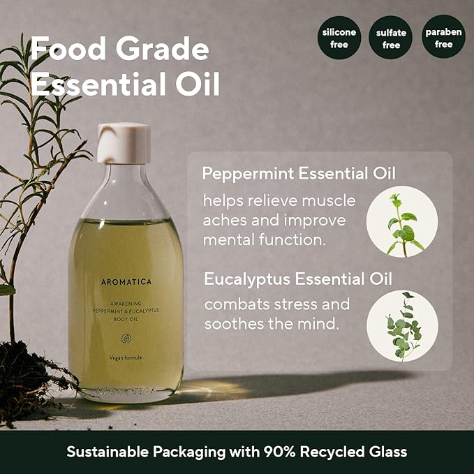 AROMATICA Awakening Body Oil Peppermint & Eucalyptus Aromatherapy Oils, Scented Body Oil, After Shower Natural Oil for Women, Non-Greasy Body Serum, Body Moisturizer for Dry Skin 3.38 fl. oz