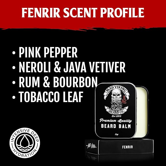 Mad Viking Fenrir Beard Balm – Non-Greasy Balm to Soften and Style with a Medium Hold - Made with Shea Butter, Beeswax & Premium Oils - Bold Bourbon, Neroli, Rum & Tobacco Scent, Made in the USA - 2oz