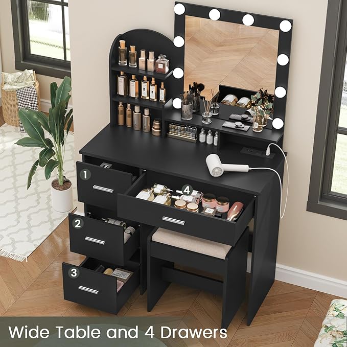 Quimoo Makeup Vanity with 10 Light Bulbs and Charging Station, Vanity Desk with Lighted Mirror & 4 Drawers, Vanity Table Set with Cushioned Stool, Black
