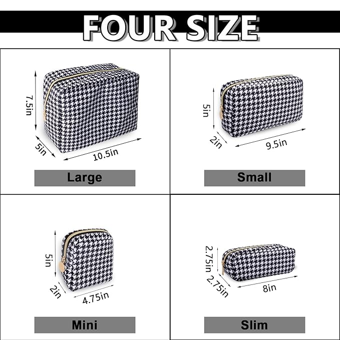 Large Makeup Pouch, Nylon Women Travel Toiletry Storage Houndstooth Cosmetic Bag for Girls, Big Preppy Makeup Organizer Cute Zipper Pouch Skincare Bag for Sport School (Large-Houndstooth)