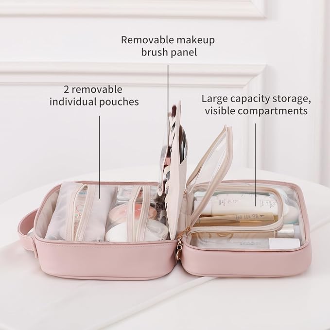 RIGHT AWAY Travel Toiletry Bag for Women, Waterproof Makeup Bag&Case, Portable Cosmetic Organizer Checkered Make up Bag for Full Sized Toiletries，Cosmetics and Travel-Size Accessories,Pink Checkered