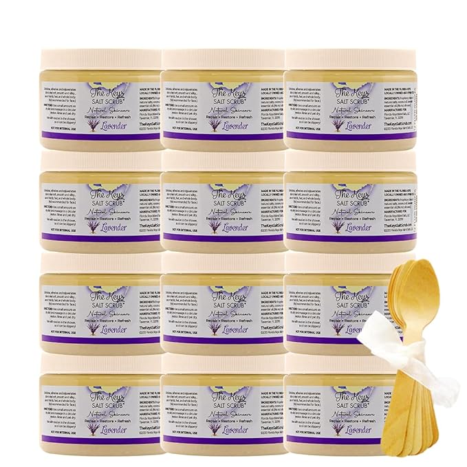 The Keys Salt Scrub - Lavender Sea Salt Scrub - Exfoliating Body Scrub with Wooden Spoon - Moisturizing Exfoliator for Face, Hands, Foot, Bath, Manicure/Pedicure & Bikini Area Skin Care (12pcs, 12oz)