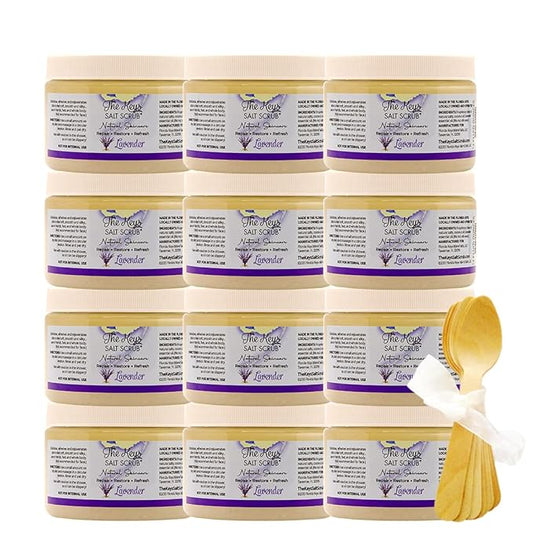 The Keys Salt Scrub - Lavender Sea Salt Scrub - Exfoliating Body Scrub with Wooden Spoon - Moisturizing Exfoliator for Face, Hands, Foot, Bath, Manicure/Pedicure & Bikini Area Skin Care (12pcs, 12oz)