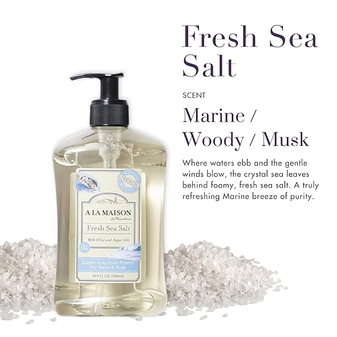A LA MAISON de Provence Fresh Sea Salt Liquid Hand and Body Soap (Pack of 2) With Olive Oil, Coconut Oil and Vitamin E, 16.9 fl oz Each