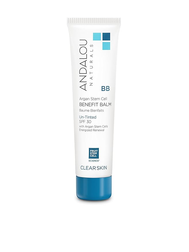 Andalou Naturals CLEAR SKIN Argan Stem Cell BB Benefit Balm, Un-Tinted SPF 30, 2-in-1 BB Cream & Face Sunscreen with Broad Spectrum Protection, Mineral Sunscreen for Oily Skin, 2 Fl Oz