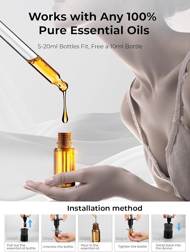 Waterless Essential Oil Diffuser: Battery Mini Scent Diffusers for Home&Car with 8 Color LED Night Light — Cool Mist Aroma Machine Deep Black