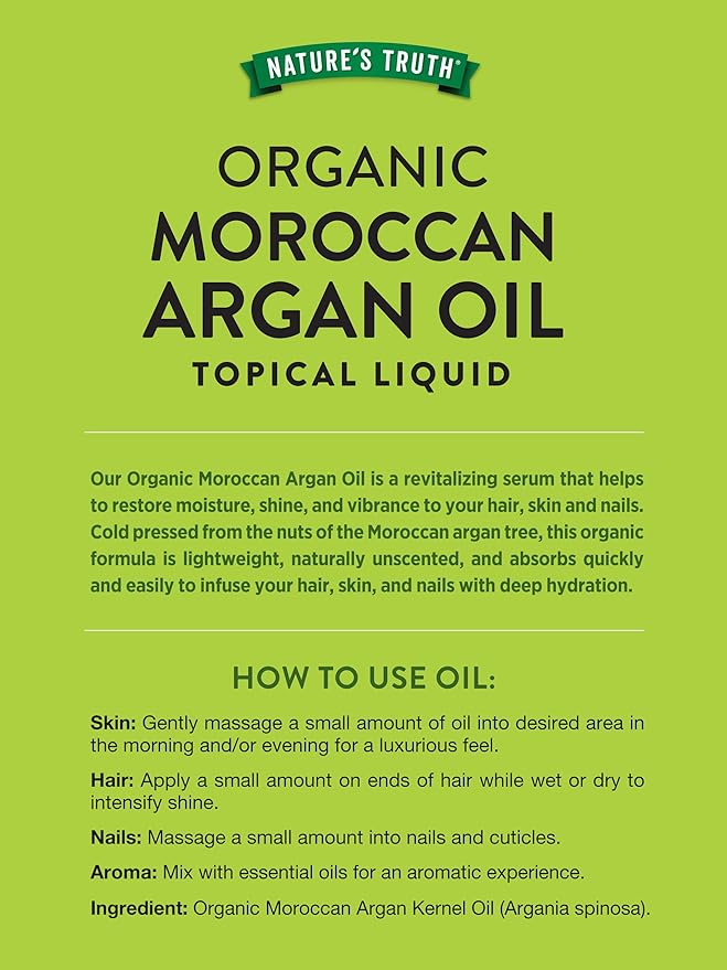 Nature's Truth Moroccan Argan Oil | 2 fl oz | USDA Organic | for Hair, Skin, and Nails | Paraben & Gluten Free